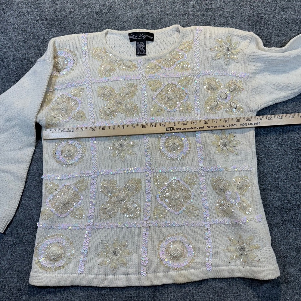 Work in Progress Sweater Women Medium Cream Sequin Beaded Vintage Glam Party - Picture 10 of 15